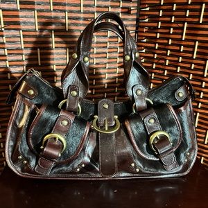 Kate Landry Leather and Black Cowhide Purse with Brass Hardware